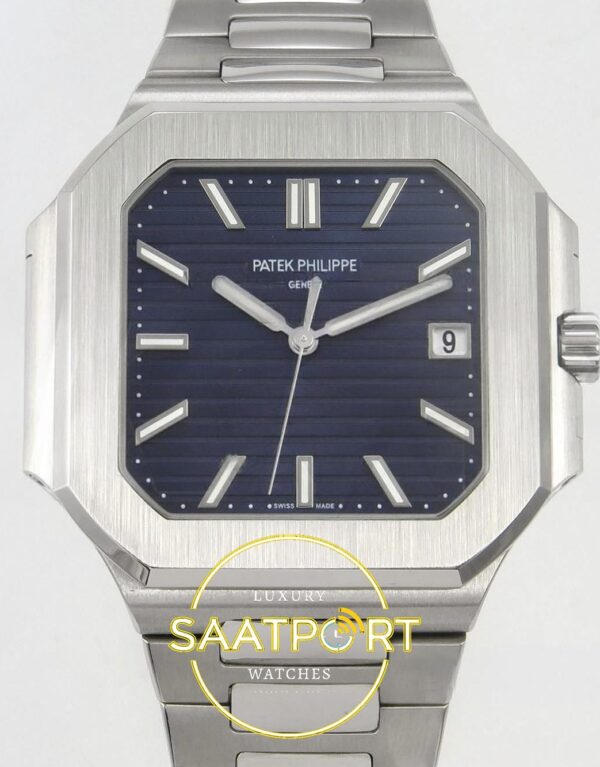 Patek Philippe Cubitus 5821 SS GRF Blue Dial on SS ZF Factory 45mm Ön Cephe Kadran ve Kasa Görünümü Super Clone ETA Saat