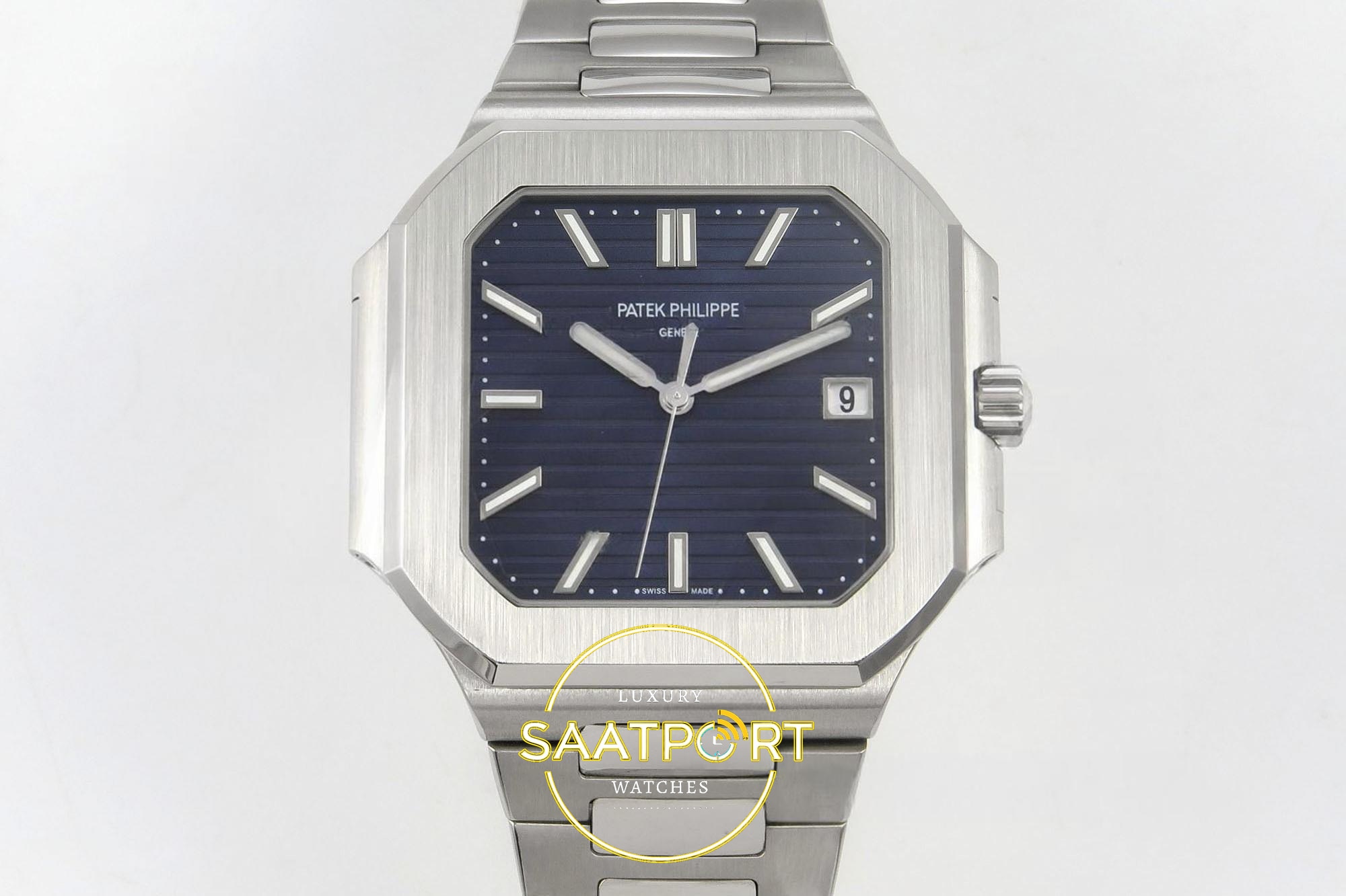 Patek Philippe Cubitus 5821 SS GRF Blue Dial on SS 45mm 904L Mavi Kadran ZF Factory Super Clone ETA Saat - Ön Cephe Kadran ve Kasa Görünümü Patek Philippe Cubitus 5821 SS GRF Blue Dial on SS ZF Factory 45mm Ön Cephe Kadran ve Kasa Görünümü Super Clone ETA Saat
