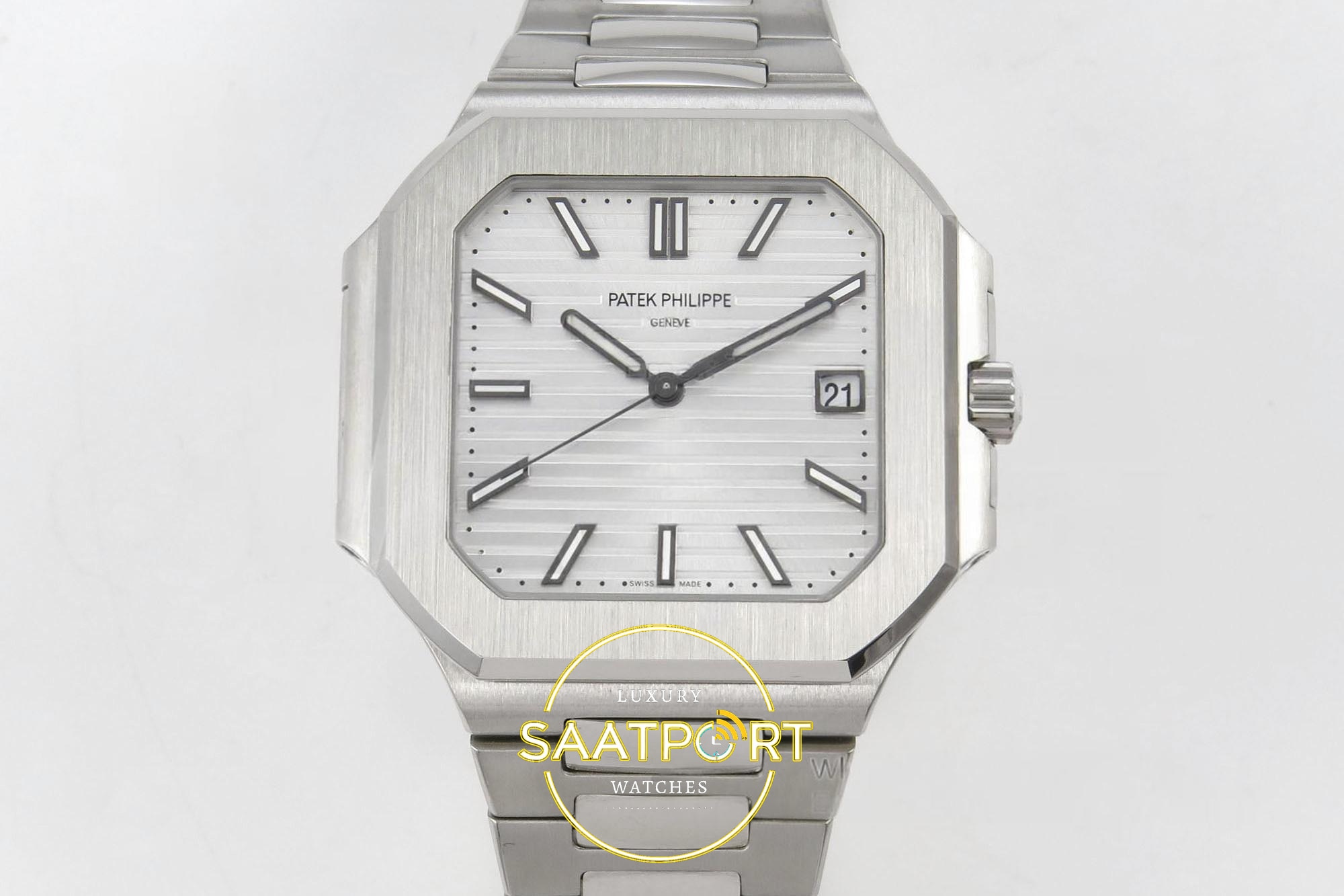 Patek Philippe Cubitus 5821 SS GRF Silver Dial on SS 45mm 904L Beyaz / Gümüş Kadran ZF Factory Super Clone ETA Saat - Ön Cephe Kadran ve Kasa Görünümü Patek Philippe Cubitus 5821 SS GRF Silver Dial on SS ZF Factory 45mm Ön Cephe Kadran ve Kasa Görünümü Super Clone ETA Saat