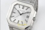 Patek Philippe Cubitus 5821 SS GRF Silver Dial on SS ZF Factory 45mm Sağ 45 Derece Çapraz Kasa ve Kurma Tepesi Profili Super — Kadran ve Bezel Görünümü