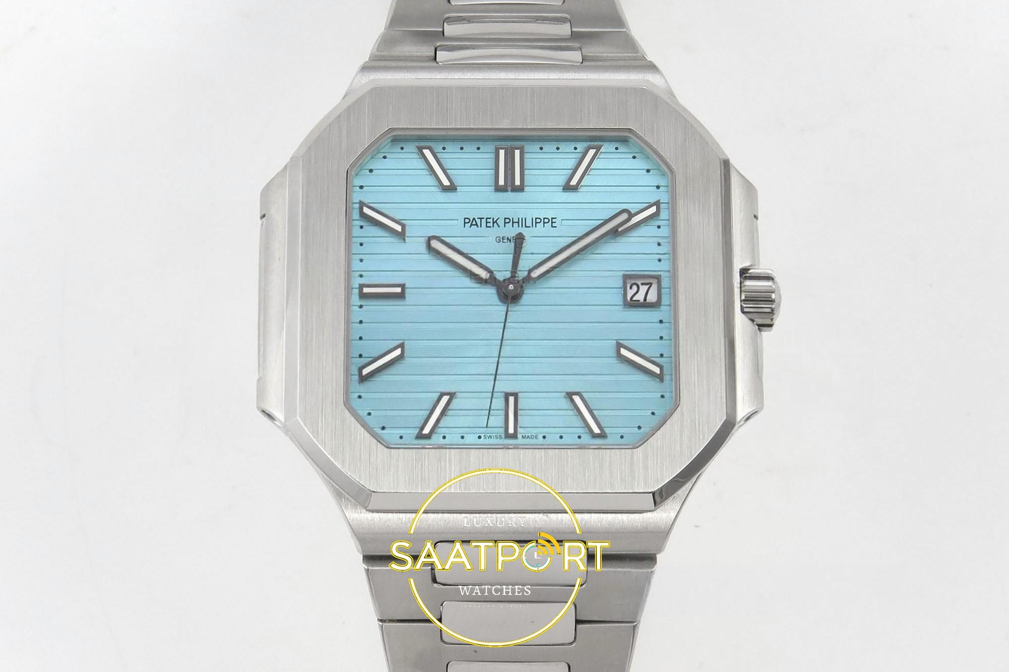 Patek Philippe Cubitus 5821 SS GRF Tiffany Blue Dial on 45mm 904L Buz Mavisi / Tiffany Kadran ZF Factory Super Clone ETA Saat - Ön Cephe Kadran ve Kasa Görünümü Patek Philippe Cubitus 5821 SS GRF Tiffany Blue Dial on ZF Factory 45mm Ön Cephe Kadran ve Kasa Görünümü Super Clone ETA Saat