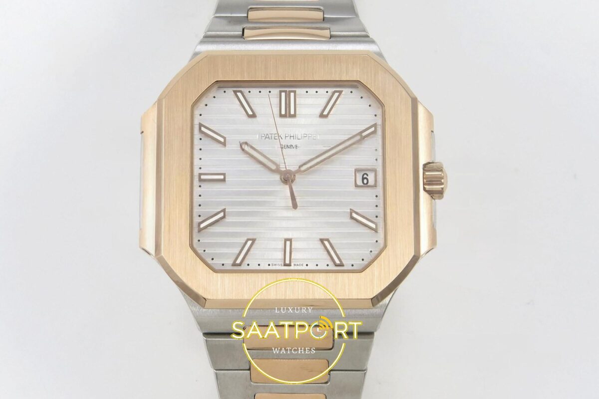Patek Philippe Cubitus 5821 SS/RG GRF Silver Dial on SS/RG ZF Factory 45mm Ön Cephe Kadran ve Kasa Görünümü Super Clone ETA Saat — Kadran ve Bezel Görünümü