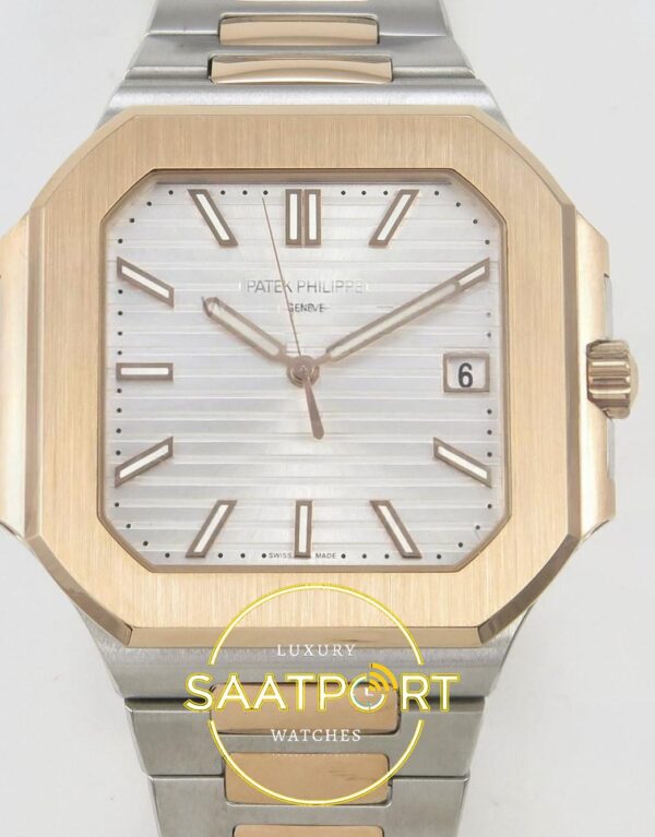 Patek Philippe Cubitus 5821 SS/RG GRF Silver Dial on SS/RG ZF Factory 45mm Ön Cephe Kadran ve Kasa Görünümü Super Clone ETA Saat