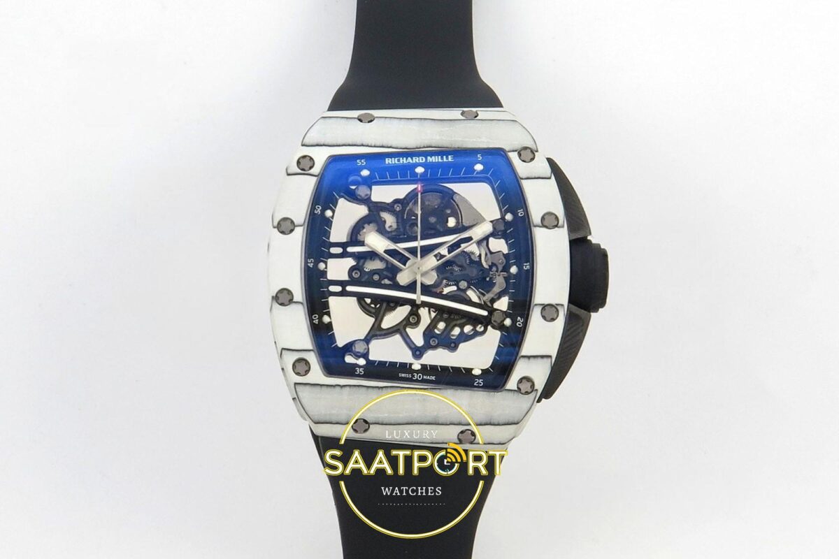 Richard Mille 01 Yohan Blake White NTPT RF on Black ZF Factory 43mmx13.5mm Ön Cephe Kadran ve Kasa Görünümü Super Clone ETA Saat — Kadran ve Bezel Görünümü