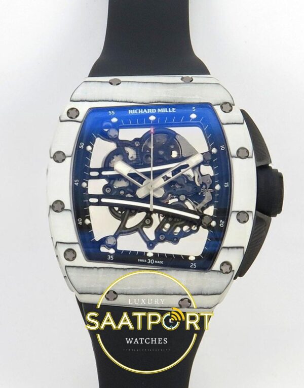 Richard Mille 01 Yohan Blake White NTPT RF on Black ZF Factory 43mmx13.5mm Ön Cephe Kadran ve Kasa Görünümü Super Clone ETA Saat