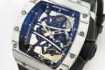 Richard Mille 01 Yohan Blake White NTPT RF on Black ZF Factory 43mmx13.5mm Sağ 45 Derece Çapraz Kasa ve Kurma Tepesi Profili — Kadran ve Bezel Görünümü