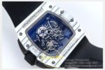 Richard Mille 01 Yohan Blake White NTPT ZF on Black ZF Factory 43mmx13.5mm Arka Kapak Gravür ve Super Clone Mekanizma Görünümü — Kadran ve Bezel Görünümü