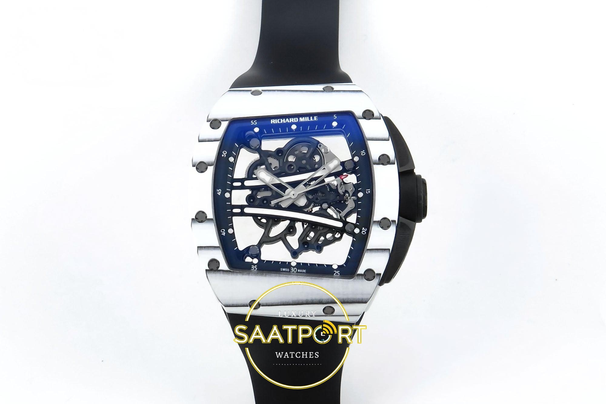 Richard Mille 01 Yohan Blake White NTPT ZF on Black 43mmx13.5mm NTPT Siyah Kadran ZF Factory Super Clone ETA Saat - Ön Cephe Kadran ve Kasa Görünümü Richard Mille 01 Yohan Blake White NTPT ZF on Black ZF Factory 43mmx13.5mm Ön Cephe Kadran ve Kasa Görünümü Super Clone ETA Saat