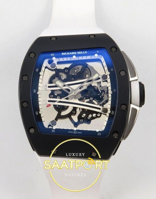 Richard Mille AVF RM061 Black Ceramic Black/White Inner Bezel White ZF Factory 43mmx14.5mm Ön Cephe Kadran ve Kasa Görünümü Super