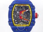 Richard Mille RM 67-02 Fernando Alonso Blue NTPT İskelet Kadran ve Köprü Detayı Yakın Plan Rich Factory Super Clone ETA — Kadran ve Bezel Görünümü