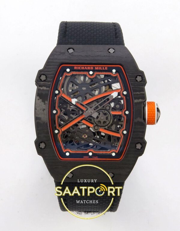 Richard Mille RM 67-02 McLaren Orange Black NTPT Ön Cephe Kadran ve Kasa Görünümü Rich Factory Super Clone ETA