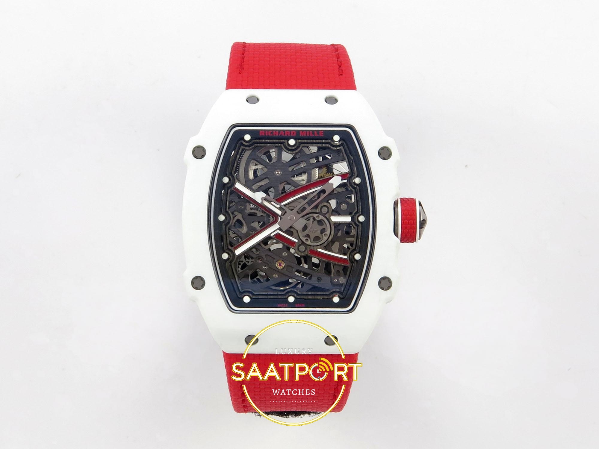 Richard Mille RM 67-02 Monaco Red White NTPT Rich Maker CRMA7 Super Clone ETA - Ön Cephe Kadran ve Kasa Görünümü Richard Mille RM 67-02 Monaco White NTPT Ön Cephe Kadran ve Kasa Görünümü Rich Factory Super Clone ETA