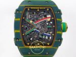 Richard Mille RM 67-02 Green NTPT CRMA7 İskelet Kadran ve Köprü Detayı Yakın Plan Rich Factory Super Clone ETA — Kadran ve Bezel Görünümü