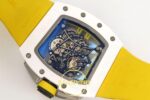 Richard Mille RM061 White Ceramic A9F on Yellow Rubber Strap ZF Factory 43mmx14mm Gece Fosfor (Super-LumiNova) ve Kadran Detay — Kadran ve Bezel Görünümü