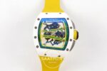 Richard Mille RM061 White Ceramic A9F on Yellow Rubber Strap ZF Factory 43mmx14mm Kadran İndeks ve İbre Detay Yakın Çekim Super — Kadran ve Bezel Görünümü