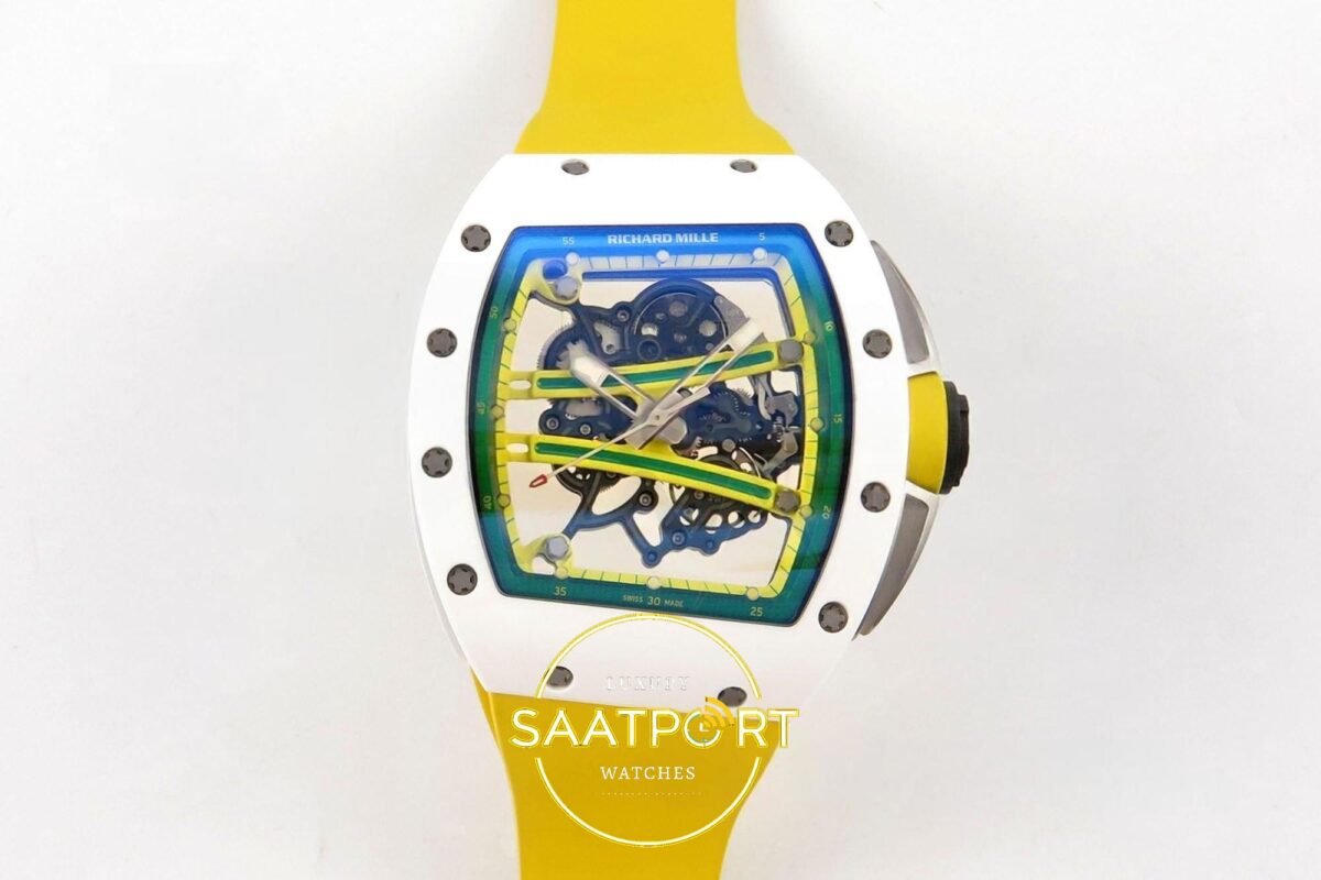 Richard Mille RM061 White Ceramic A9F on Yellow Rubber Strap ZF Factory 43mmx14mm Ön Cephe Kadran ve Kasa Görünümü Super Clone — Kadran ve Bezel Görünümü