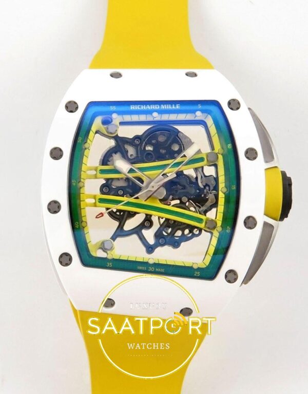 Richard Mille RM061 White Ceramic A9F on Yellow Rubber Strap ZF Factory 43mmx14mm Ön Cephe Kadran ve Kasa Görünümü Super Clone