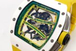 Richard Mille RM061 White Ceramic A9F on Yellow Rubber Strap ZF Factory 43mmx14mm Sağ 45 Derece Çapraz Kasa ve Kurma Tepesi — Kadran ve Bezel Görünümü