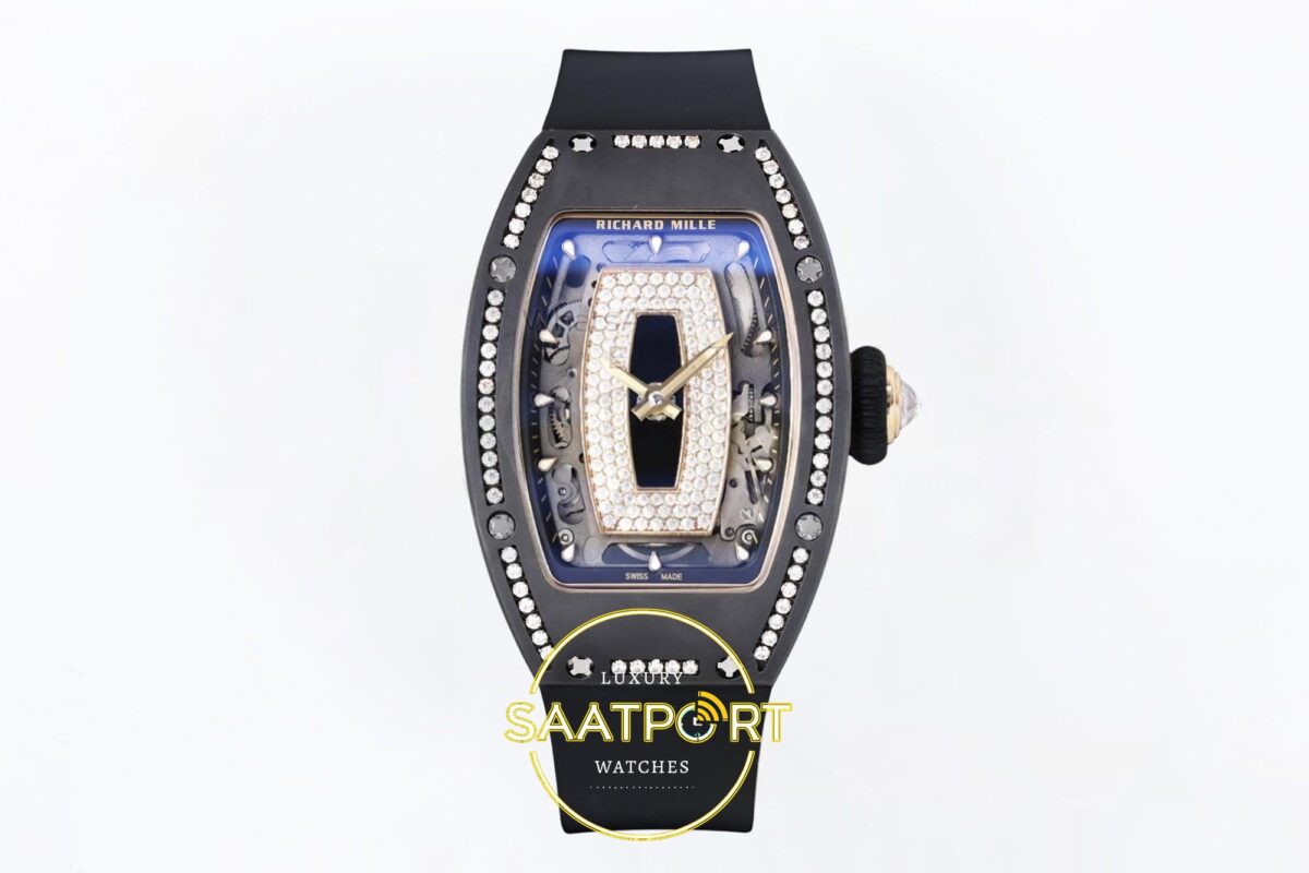 Richard Mille RM07 Ladies Black Ceramic Diamonds Bezel ZF Black ZF Factory 31.5mmx12mm Ön Cephe Kadran ve Kasa Görünümü Super — Kadran ve Bezel Görünümü