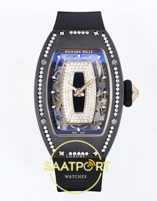 Richard Mille RM07 Ladies Black Ceramic Diamonds Bezel ZF Black ZF Factory 31.5mmx12mm Ön Cephe Kadran ve Kasa Görünümü Super