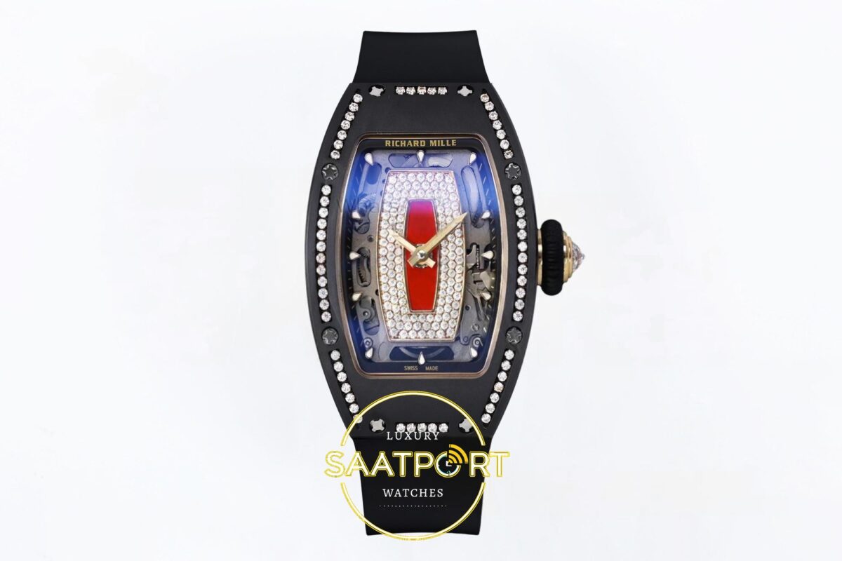 Richard Mille RM07 Ladies Black Ceramic Diamonds Bezel ZF Red ZF Factory 31.5mmx12mm Ön Cephe Kadran ve Kasa Görünümü Super Clone — Kadran ve Bezel Görünümü