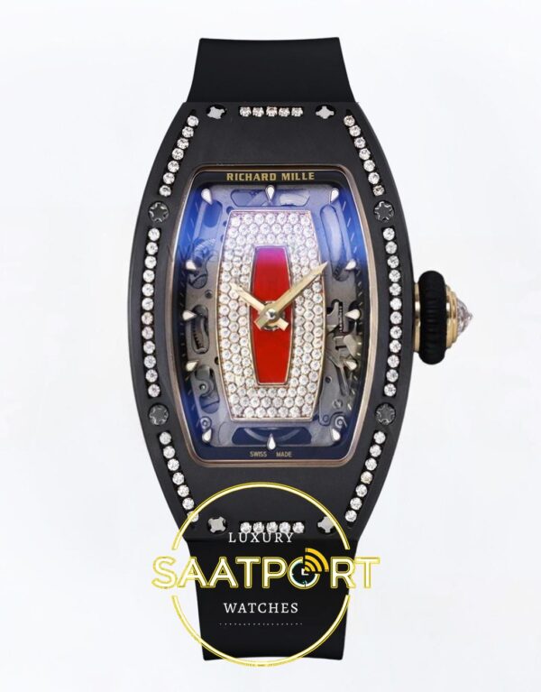 Richard Mille RM07 Ladies Black Ceramic Diamonds Bezel ZF Red ZF Factory 31.5mmx12mm Ön Cephe Kadran ve Kasa Görünümü Super Clone