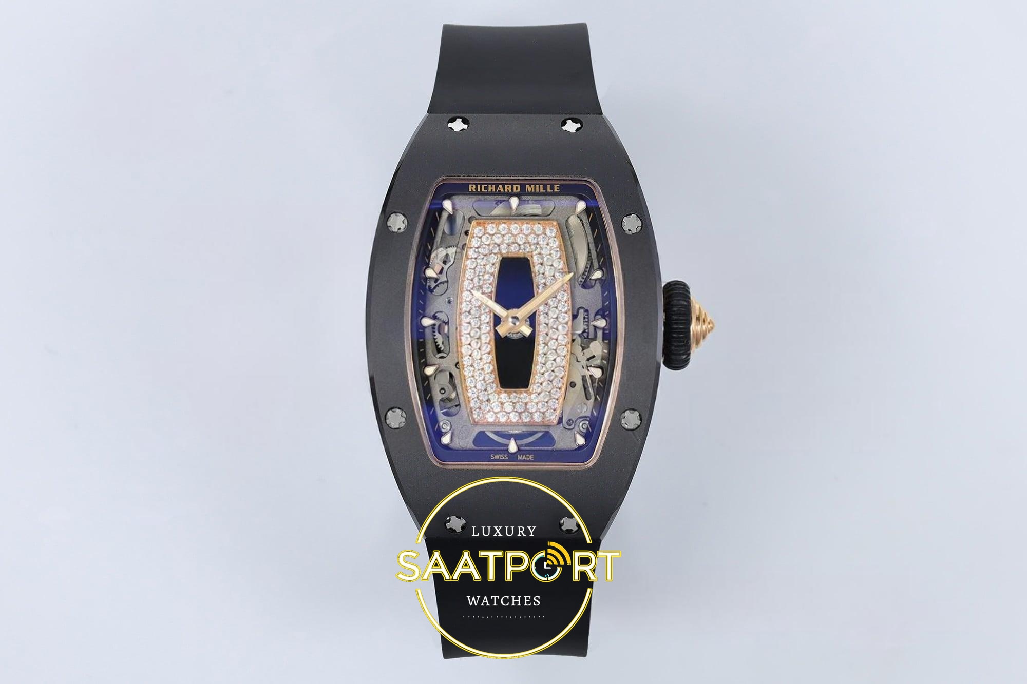 Richard Mille RM07 Ladies Black Ceramic ZF Black Dial on 31.5mmx12mm Yüksek Siyah Kadran ZF Factory Bayan Super Clone ETA Saat - Ön Cephe Kadran ve Kasa Görünümü Richard Mille RM07 Ladies Black Ceramic ZF Black Dial on ZF Factory 31.5mmx12mm Ön Cephe Kadran ve Kasa Görünümü Super Clone ETA