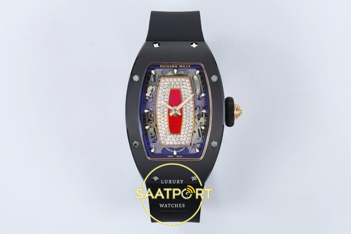 Richard Mille RM07 Ladies Black Ceramic ZF Red Dial on ZF Factory 31.5mmx12mm Ön Cephe Kadran ve Kasa Görünümü Super Clone ETA — Kadran ve Bezel Görünümü
