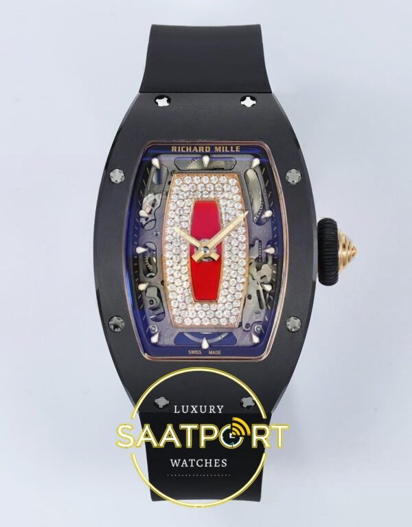 Richard Mille RM07 Ladies Black Ceramic ZF Red Dial on ZF Factory 31.5mmx12mm Ön Cephe Kadran ve Kasa Görünümü Super Clone ETA