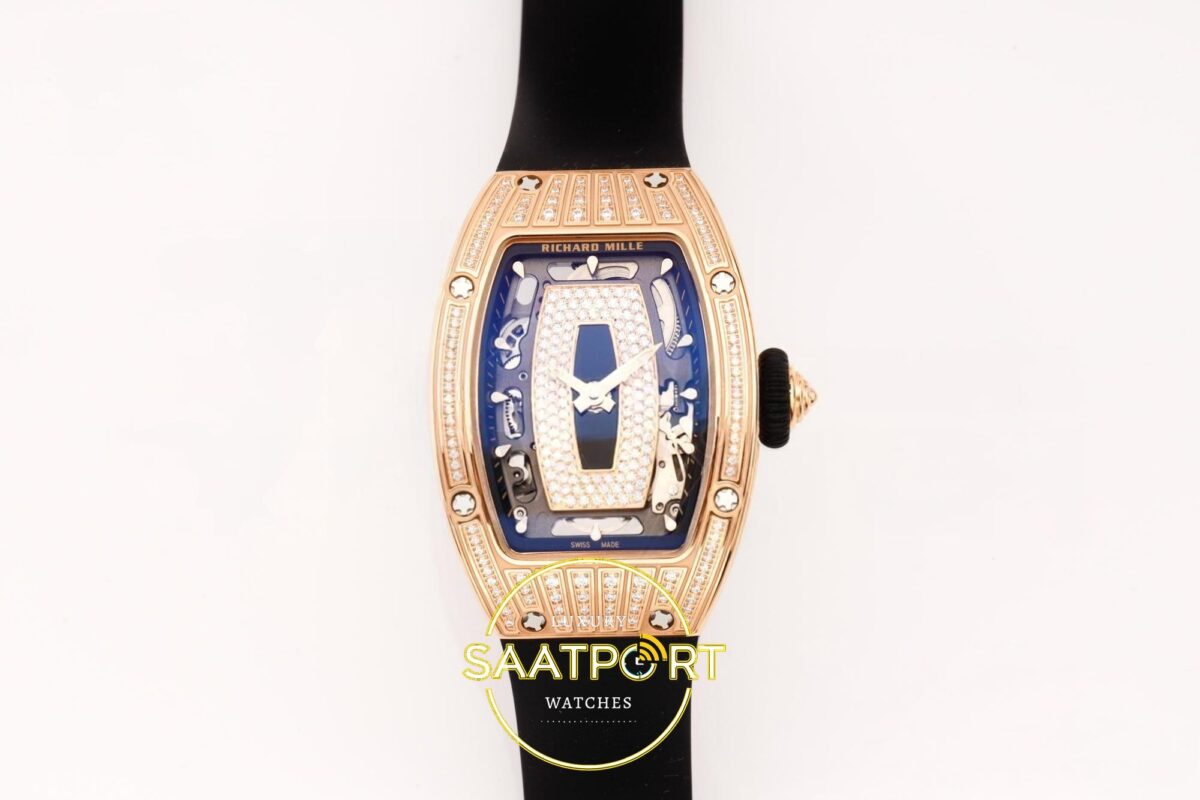 Richard Mille RM07 Ladies RG Diamonds Bezel ZF Black Diamonds ZF Factory 31.5mmx12mm Ön Cephe Kadran ve Kasa Görünümü Super Clone — Kadran ve Bezel Görünümü