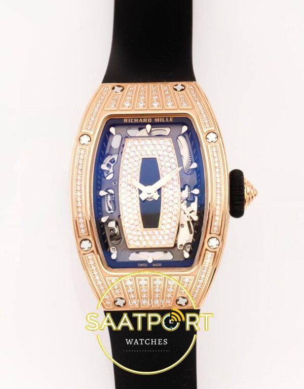 Richard Mille RM07 Ladies RG Diamonds Bezel ZF Black Diamonds ZF Factory 31.5mmx12mm Ön Cephe Kadran ve Kasa Görünümü Super Clone