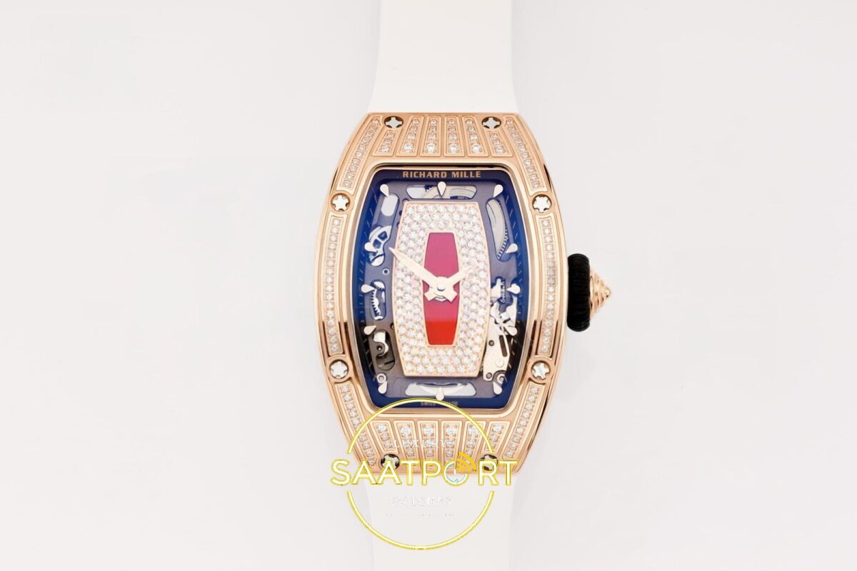 Richard Mille RM07 Ladies RG Diamonds Bezel ZF Red Diamonds ZF Factory 31.5mmx12mm Ön Cephe Kadran ve Kasa Görünümü Super Clone — Kadran ve Bezel Görünümü