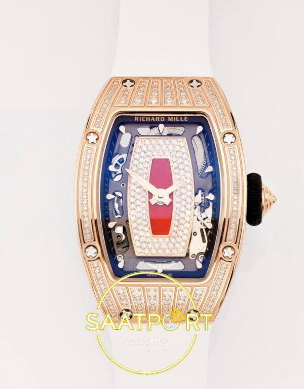 Richard Mille RM07 Ladies RG Diamonds Bezel ZF Red Diamonds ZF Factory 31.5mmx12mm Ön Cephe Kadran ve Kasa Görünümü Super Clone