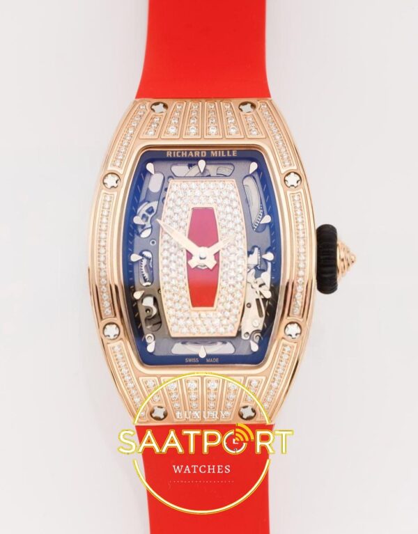 Richard Mille RM07 Ladies RG Diamonds Bezel ZF Red Diamonds ZF Factory 31.5mmx12mm Ön Cephe Kadran ve Kasa Görünümü Super Clone