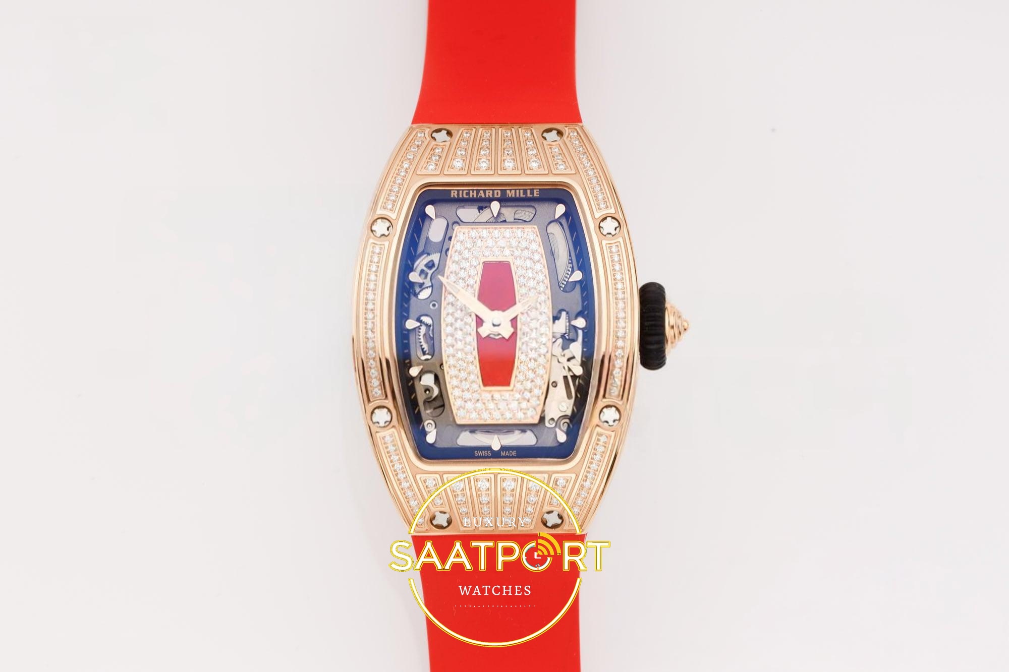 Richard Mille RM07 Ladies RG Diamonds Bezel ZF Red Diamonds 31.5mmx12mm 18K İskelet (Skeleton) Kadran ZF Factory Bayan Super Clone ETA Saat - Ön Cephe Kadran ve Kasa Görünümü Richard Mille RM07 Ladies RG Diamonds Bezel ZF Red Diamonds ZF Factory 31.5mmx12mm Ön Cephe Kadran ve Kasa Görünümü Super Clone