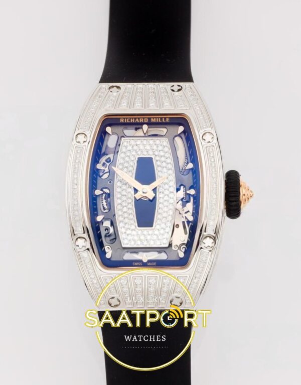 Richard Mille RM07 Ladies SS Diamonds Bezel ZF Black Diamonds ZF Factory 31.5mmx12mm Ön Cephe Kadran ve Kasa Görünümü Super Clone