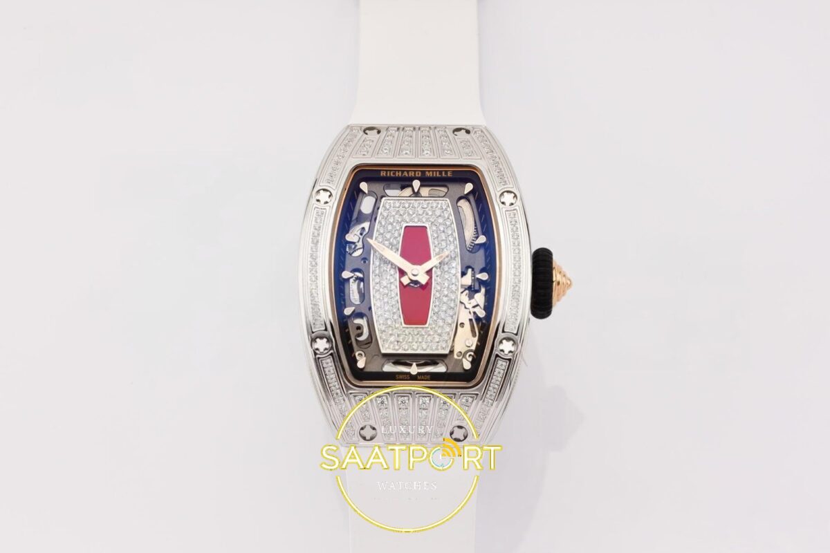 Richard Mille RM07 Ladies SS Diamonds Bezel ZF Red Diamonds ZF Factory 31.5mmx12mm Ön Cephe Kadran ve Kasa Görünümü Super Clone — Kadran ve Bezel Görünümü