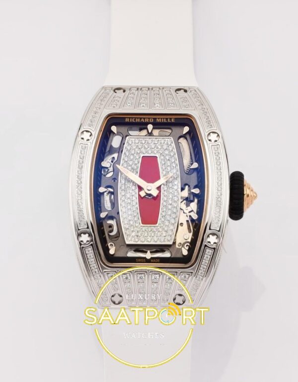 Richard Mille RM07 Ladies SS Diamonds Bezel ZF Red Diamonds ZF Factory 31.5mmx12mm Ön Cephe Kadran ve Kasa Görünümü Super Clone