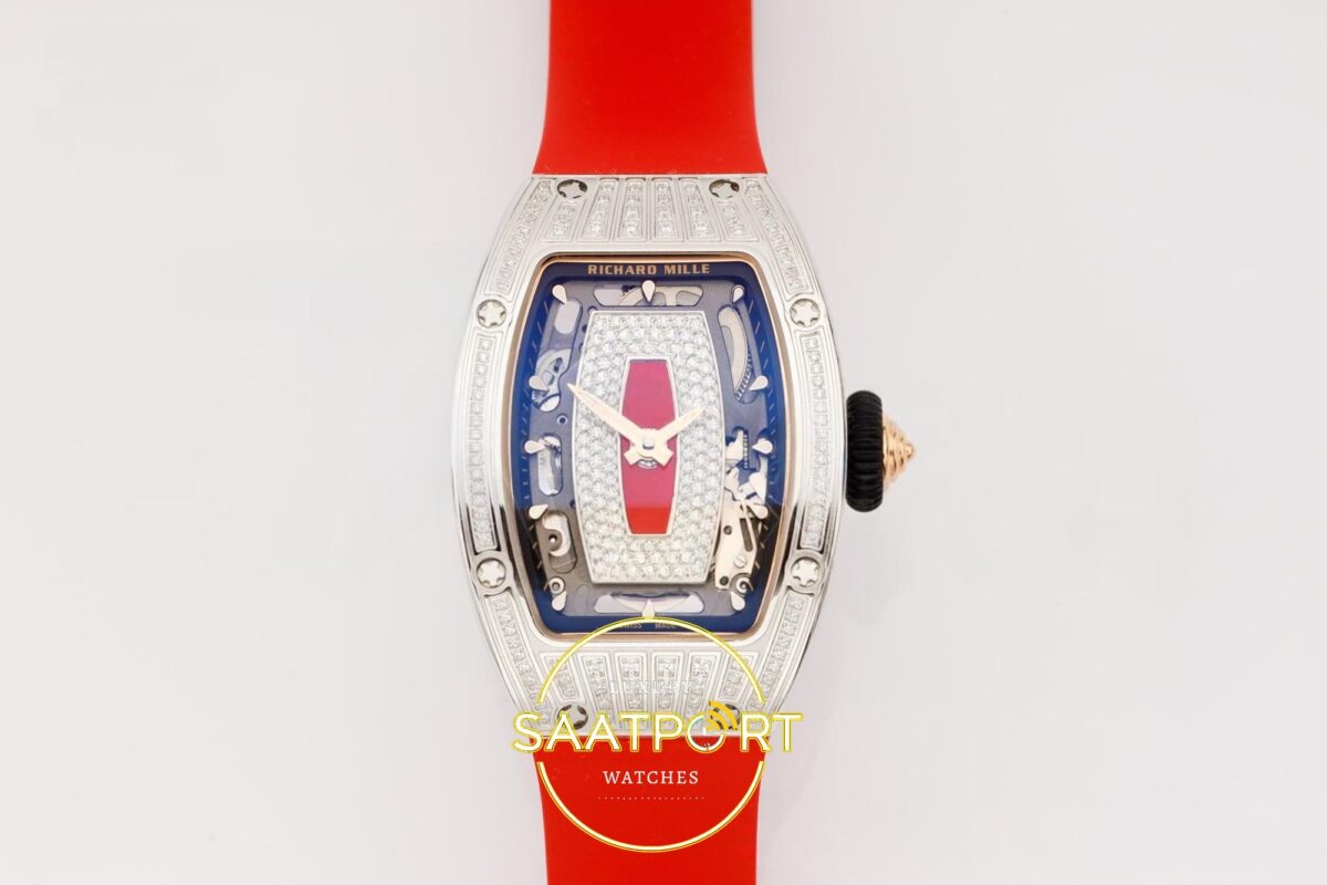 Richard Mille RM07 Ladies SS Diamonds Bezel ZF Red Diamonds ZF Factory 31.5mmx12mm Ön Cephe Kadran ve Kasa Görünümü Super Clone — Kadran ve Bezel Görünümü
