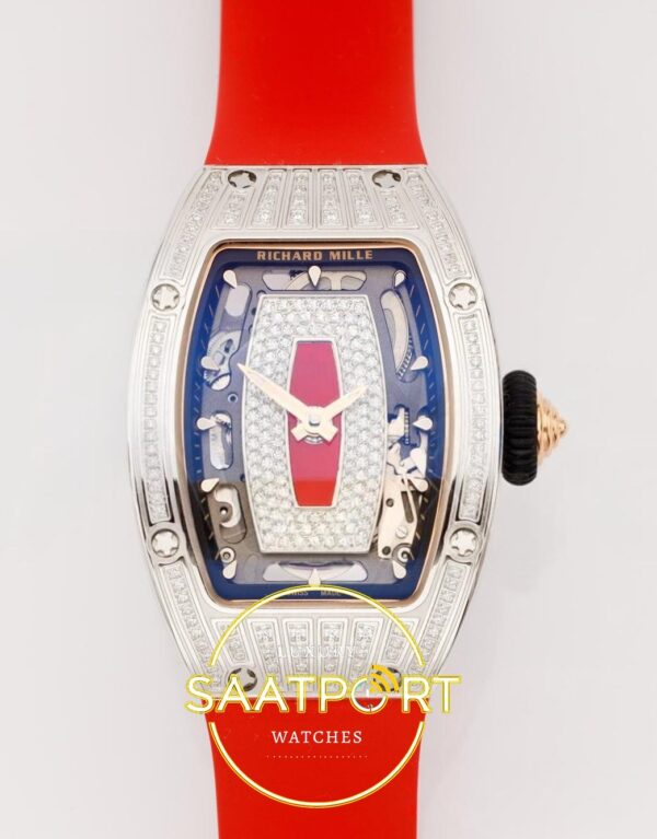 Richard Mille RM07 Ladies SS Diamonds Bezel ZF Red Diamonds ZF Factory 31.5mmx12mm Ön Cephe Kadran ve Kasa Görünümü Super Clone