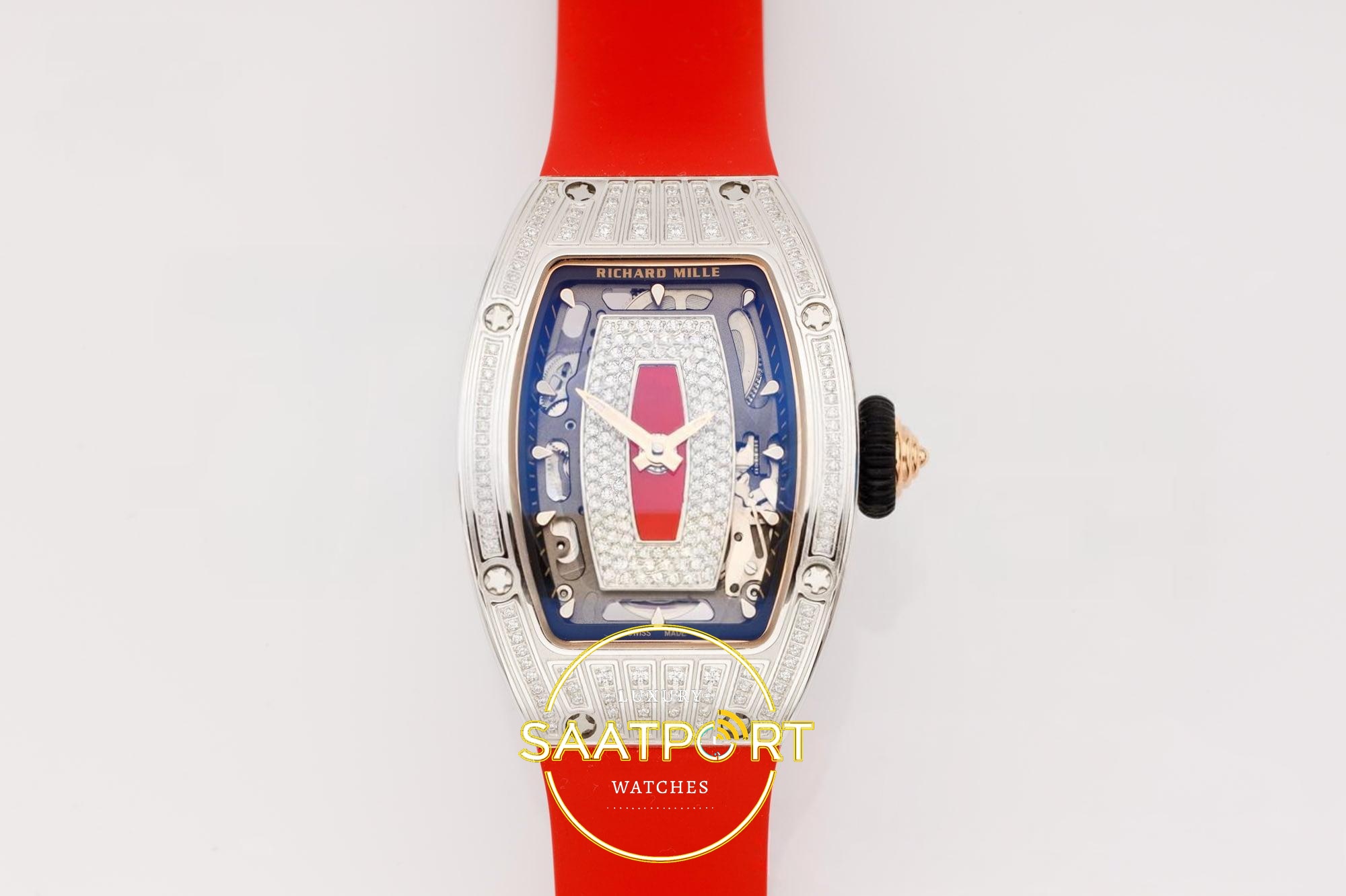 Richard Mille RM07 Ladies SS Diamonds Bezel ZF Red Diamonds 31.5mmx12mm 904L İskelet (Skeleton) Kadran ZF Factory Bayan Super Clone ETA Saat - Ön Cephe Kadran ve Kasa Görünümü Richard Mille RM07 Ladies SS Diamonds Bezel ZF Red Diamonds ZF Factory 31.5mmx12mm Ön Cephe Kadran ve Kasa Görünümü Super Clone