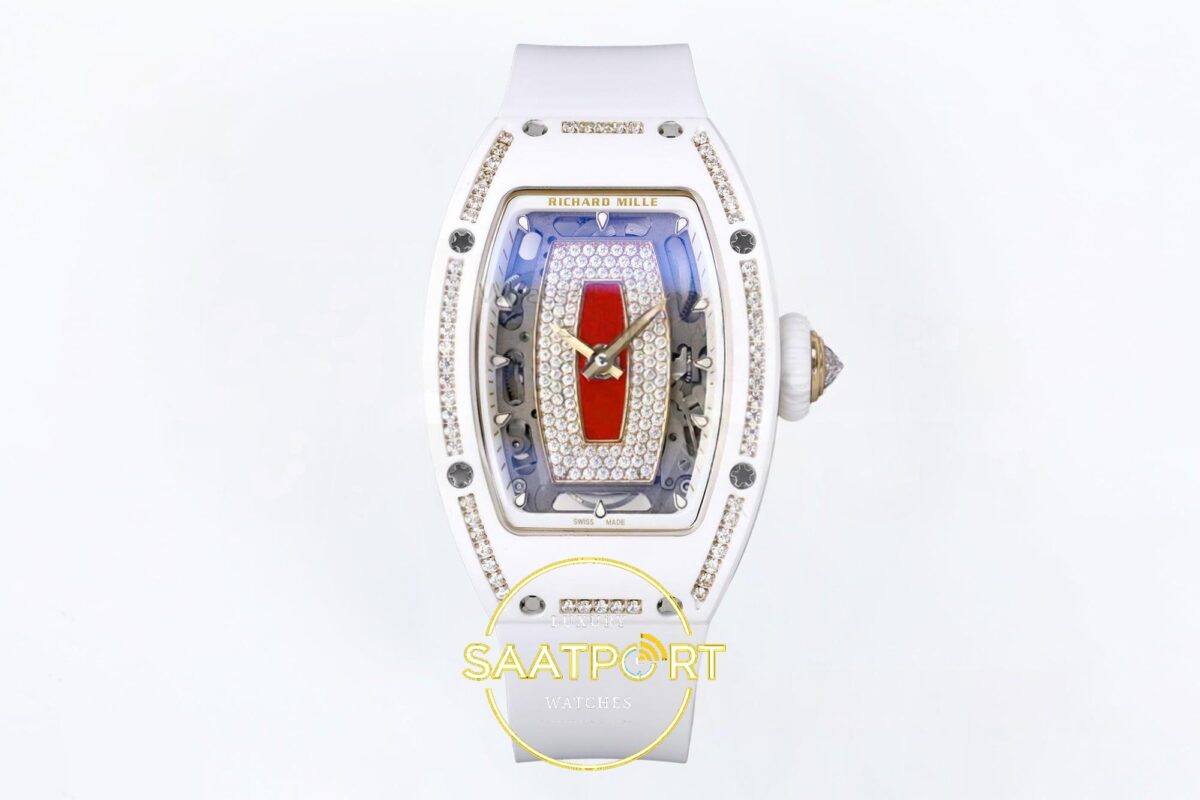 Richard Mille RM07 Ladies White Ceramic Diamonds Bezel ZF Red ZF Factory 31.5mmx12mm Ön Cephe Kadran ve Kasa Görünümü Super Clone — Kadran ve Bezel Görünümü