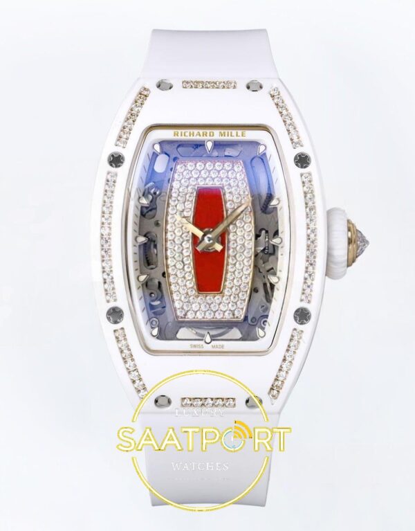 Richard Mille RM07 Ladies White Ceramic Diamonds Bezel ZF Red ZF Factory 31.5mmx12mm Ön Cephe Kadran ve Kasa Görünümü Super Clone