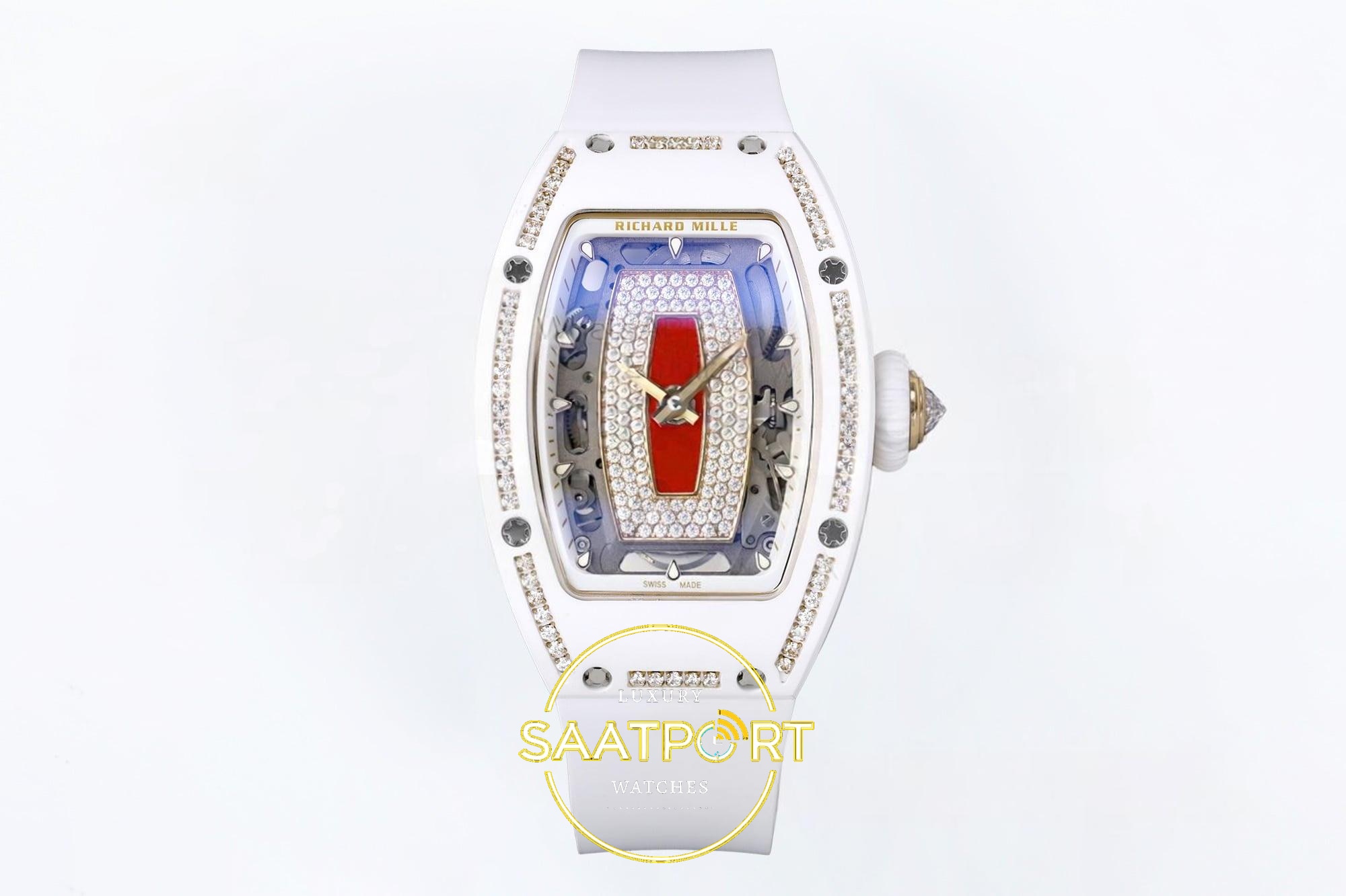 Richard Mille RM07 Ladies White Ceramic Diamonds Bezel ZF Red 31.5mmx12mm Yüksek Beyaz / Gümüş Kadran ZF Factory Bayan Super Clone ETA Saat - Ön Cephe Kadran ve Kasa Görünümü Richard Mille RM07 Ladies White Ceramic Diamonds Bezel ZF Red ZF Factory 31.5mmx12mm Ön Cephe Kadran ve Kasa Görünümü Super Clone