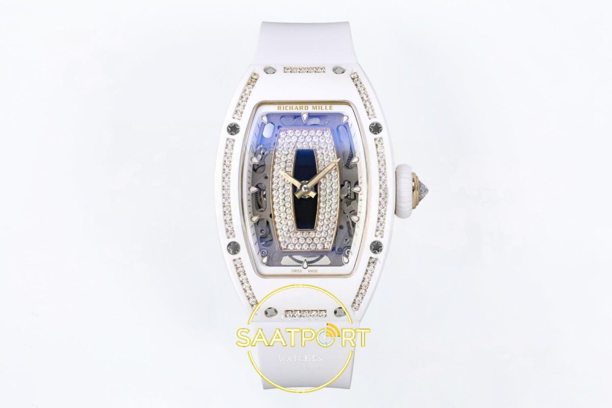 Richard Mille RM07 Ladies White Ceramic Diamonds Bezel ZF Black ZF Factory 31.5mmx12mm Ön Cephe Kadran ve Kasa Görünümü Super — Kadran ve Bezel Görünümü