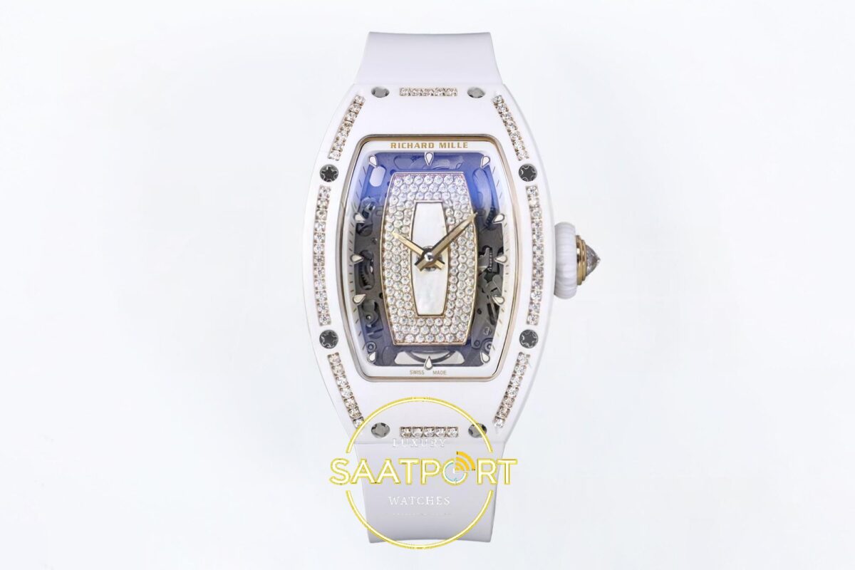 Richard Mille RM07 Ladies White Ceramic Diamonds Bezel ZF White ZF Factory 31.5mmx12mm Ön Cephe Kadran ve Kasa Görünümü Super — Kadran ve Bezel Görünümü