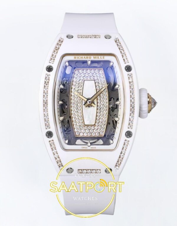 Richard Mille RM07 Ladies White Ceramic Diamonds Bezel ZF White ZF Factory 31.5mmx12mm Ön Cephe Kadran ve Kasa Görünümü Super