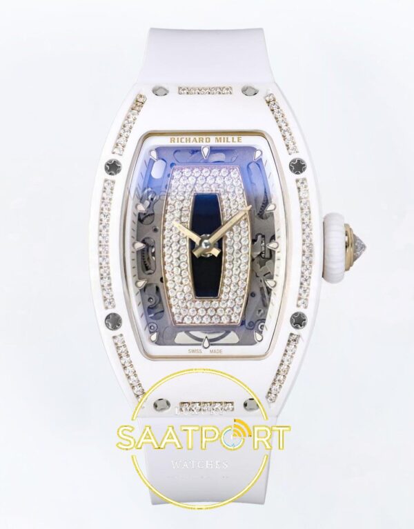 Richard Mille RM07 Ladies White Ceramic Diamonds Bezel ZF Black ZF Factory 31.5mmx12mm Ön Cephe Kadran ve Kasa Görünümü Super