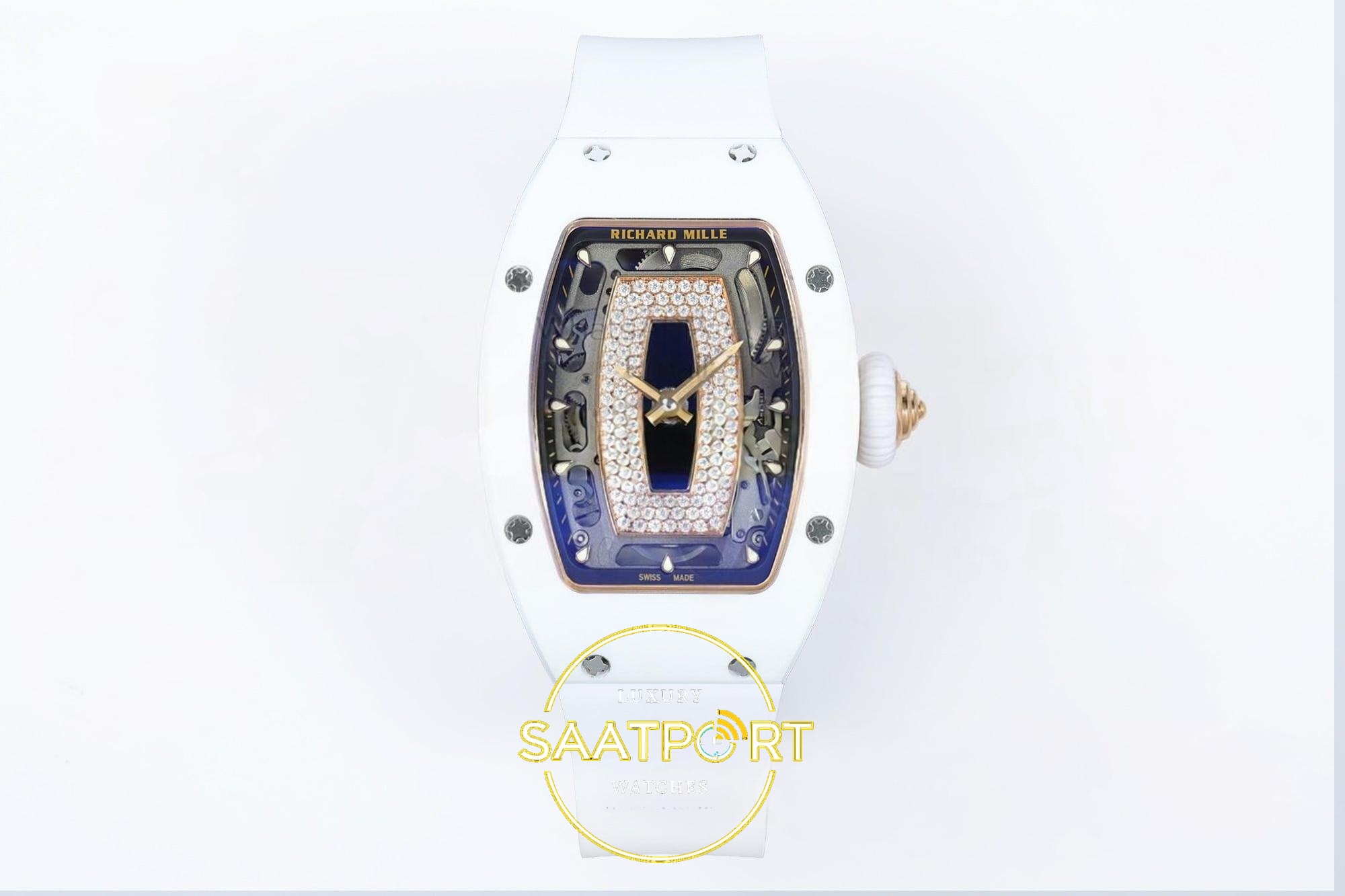 Richard Mille RM07 Ladies White Ceramic ZF Black Dial on 31.5mmx12mm Yüksek Siyah Kadran ZF Factory Bayan Super Clone ETA Saat - Ön Cephe Kadran ve Kasa Görünümü Richard Mille RM07 Ladies White Ceramic ZF Black Dial on ZF Factory 31.5mmx12mm Ön Cephe Kadran ve Kasa Görünümü Super Clone ETA