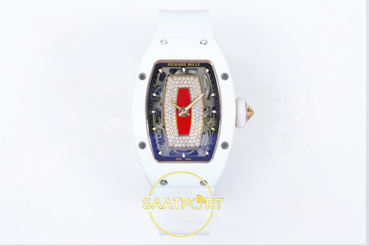 Richard Mille RM07 Ladies White Ceramic ZF Red Dial on ZF Factory 31.5mmx12mm Ön Cephe Kadran ve Kasa Görünümü Super Clone ETA — Kadran ve Bezel Görünümü